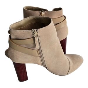 WHBM Ankle Boots Women  10M Tan Suede Crisscross Block Heel Buckle Party